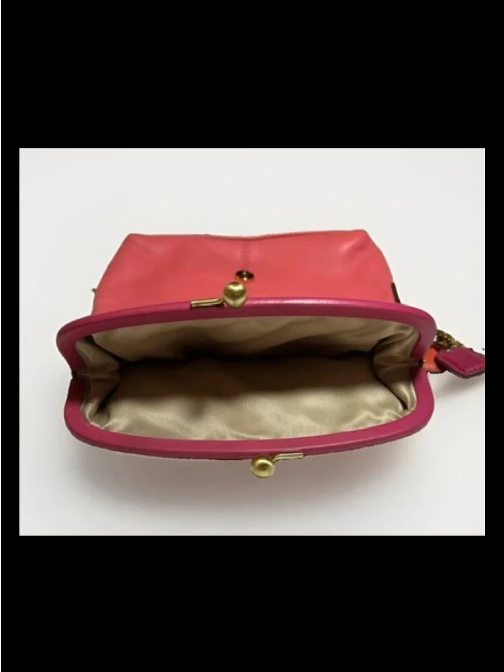 Coach Clutch/Wristlet, Foldover, Kisslock, Two-Tone Coral, Pink Leather, Brass - Picture 9 of 14